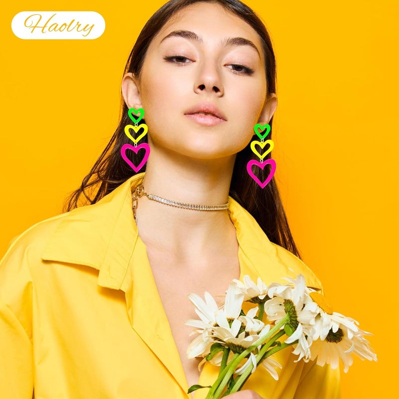 HOLYRY Neon Heart Earrings for Women Acrylic Neon Earrings 80s 90s Outfit for Women Glow Party Accessories Gifts Hot Pink Orange Green Yellow - Image 4